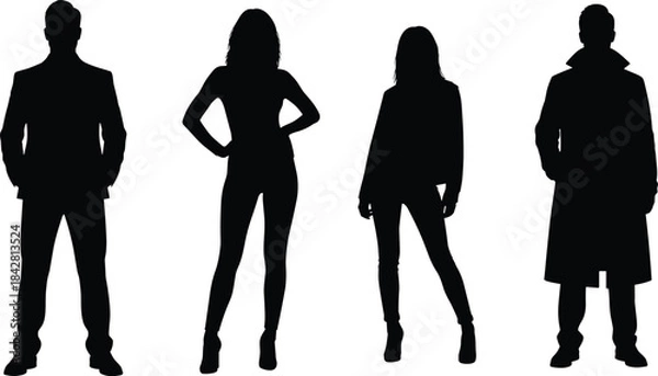 Obraz Fashion silhouettes set of four standing people, black full-length anonymous figures, man in suit, woman posing, slim models in stylish clothing, vector illustration, isolated on white background.
