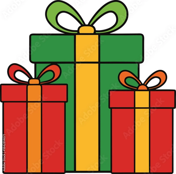 Fototapeta Set of colorful vector illustration icons depicting various gift boxes, Christmas presents, and holiday surprises tied with decorative bows and ribbons