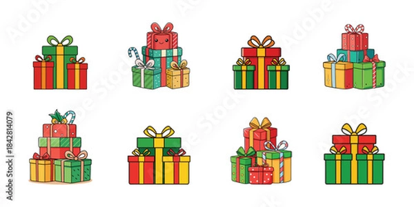 Fototapeta A colorful set of Christmas gifts in boxes with ribbons and bows.