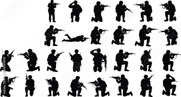 Obraz Military Soldier Silhouette Vector Pack, Army Troops Poses Collection for War and Combat Scenes, Tactical Operations, Special Forces Training, Modern Warfare Icons