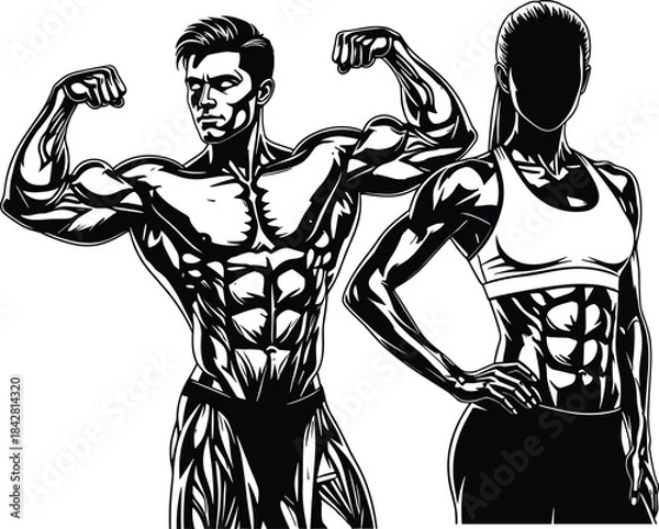 Obraz Muscular man posing in bodybuilding competition, and strong fit woman with perfect abs, vector illustration of fitness and gym training, black and 