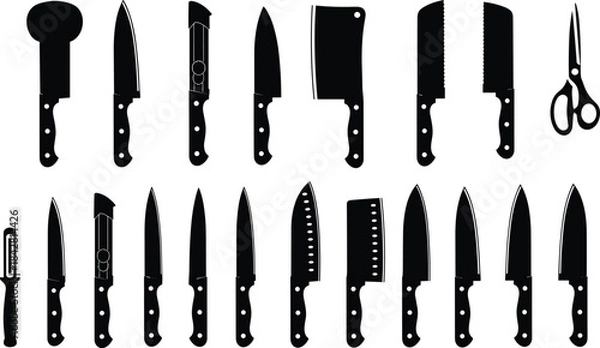 Obraz Set of 20 black silhouettes of various kitchen knives, utility tools, cleavers, and cooking scissors for chefs, home cooking, and restaurant supplies vector illustration.