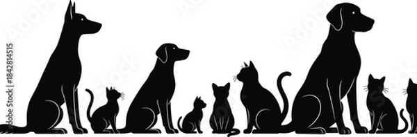 Obraz Stylized Black Silhouette Collection of Domestic Pets, Dogs and Cats Standing Together on a Line, Vector Illustration for Veterinary, Pet Shop, or Animal Rescue 
