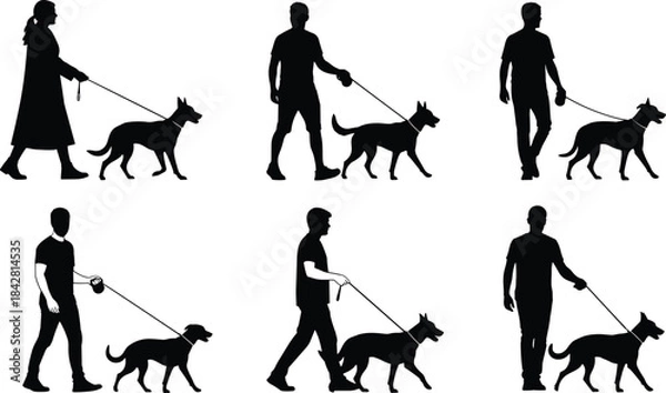 Obraz Silhouettes of People Walking Dogs on Leashes Outdoors Vector Illustration Set, depicting Owners and Pets in Various Poses for Public Park Activities