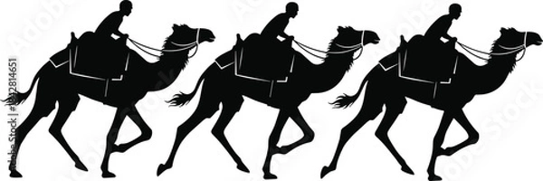 Obraz Three Black Silhouettes of Camel Riders on a Journey, Running Across a Desert Landscape, Illustrating Caravan Transportation, Travel, and Traditional Middle Eastern Culture