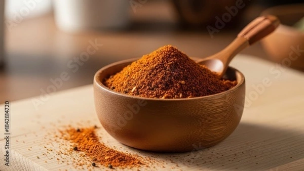 Obraz Vibrant red spice in a wooden bowl with a small spoon on a rustic cutting board