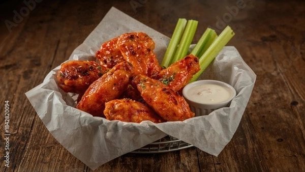 Obraz Basket of buffalo chicken wings with celery sticks and ranch dipping sauce on a wooden table.
