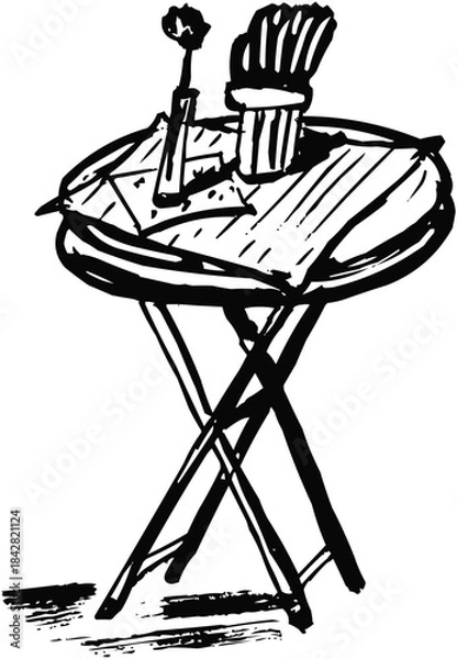 Fototapeta Hand-Drawn Sketch Folding Table with Flower Vase Outline