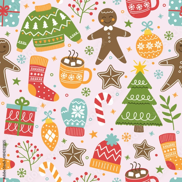 Obraz Colourful Christmas seamless texture. Cute hand drawn decorations. Vector illustration