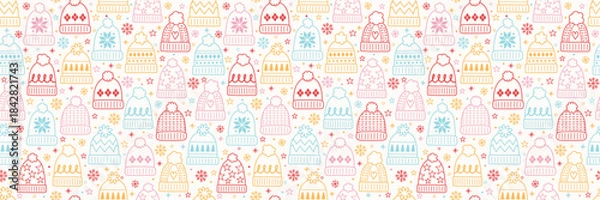 Obraz Colourful cartoon winter hat background. Christmas seamless pattern. Banner. Vector illustration