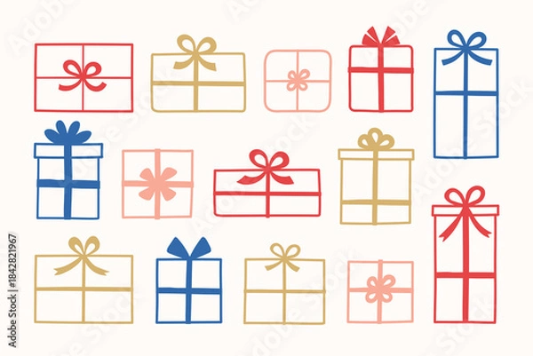 Obraz Set with cute hand drawn gift boxes. Christmas decorations. Vector illustration