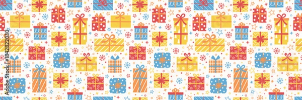 Obraz Seamless pattern with cute cartoon gift boxes. Christmas background design. Banner. Vector illustration