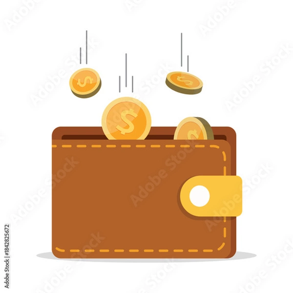 Obraz Saving money concept. Brown leather wallet with gold coins falling into it. Financial income concept. Vector illustration.
