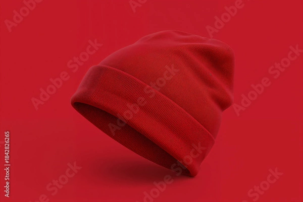 Obraz Red Knit Beanie Hat Floating on Red Background
