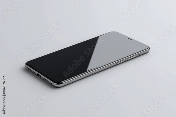 Obraz Silver smartphone with dark reflective screen on light gray background