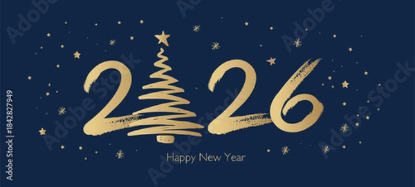Obraz Happy New Year 2026 Greeting Card with Golden Brush Strokes