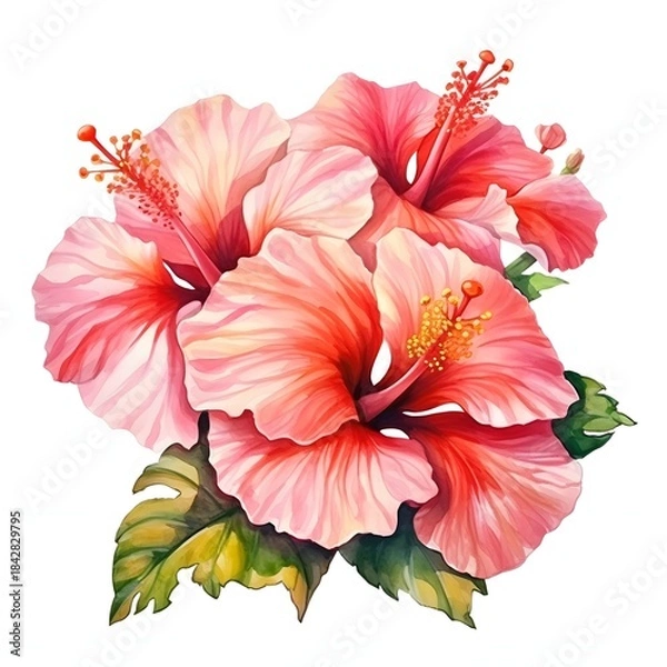 Fototapeta Elegant pink hibiscus flowers in full bloom watercolor illustration for creative projects