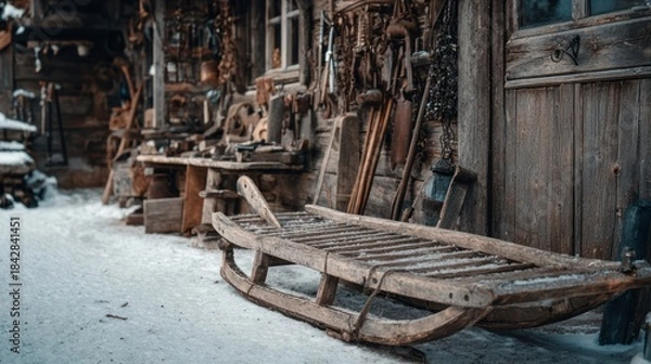 Fototapeta A detailed shot of a wooden sled leaning against a rustic garage, with old tools and snow