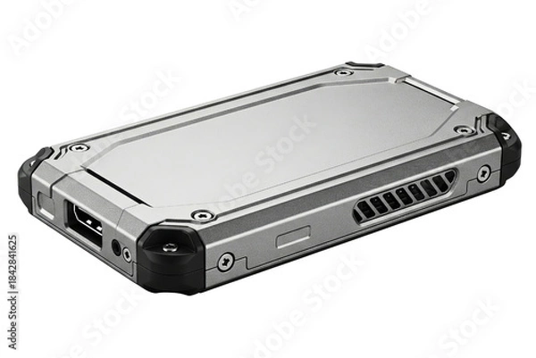Obraz Rugged and durable external solid-state drive silver case isolated with transparent background