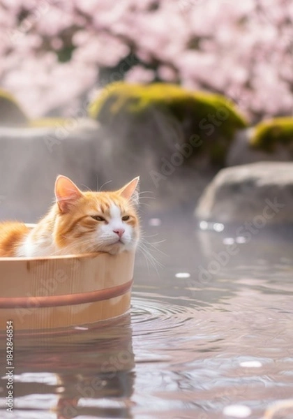 Obraz Orange Cat Relaxing In A Wooden Tub On A Tranquil Hot Spring With Pink Cherry Blossoms