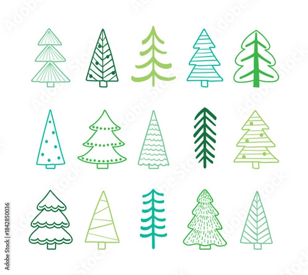 Obraz Abstract Christmas tree icon collection. X-Mas doodle ornaments. Vector illustration