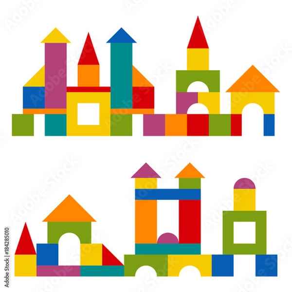 Fototapeta Bright colorful wooden blocks toy. Bricks childrens building tower, castle, house. Vector flat style illustration isolated on white background.