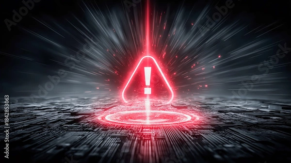 Obraz コンピューターウィルス検知：危険を知らせる赤いビックリマークと暗い背景
