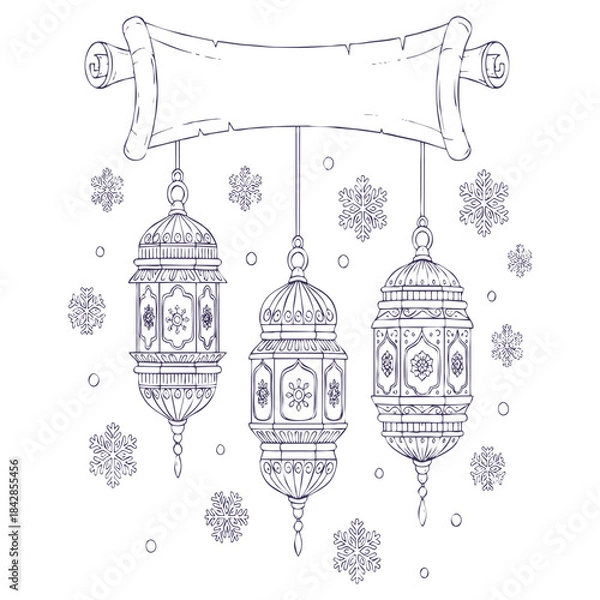 Obraz Three hanging ornate lanterns with snowflakes and blank scroll banner