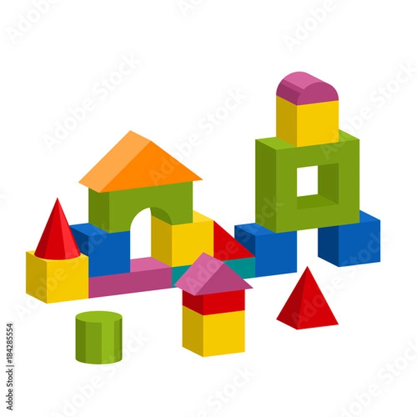 Fototapeta Bright colorful wooden blocks toy. Bricks childrens building tower, castle, house. Vector volume style illustration isolated on white background.