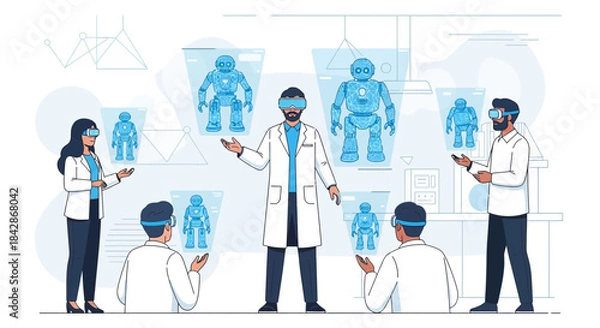 Obraz Team of engineers using augmented reality for robotics research and development virtual lab