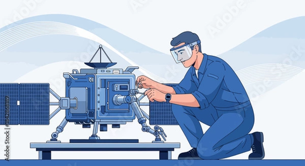 Obraz Technician meticulously repairs a robotic lunar rover in a sterile laboratory environment