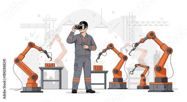Obraz Technician Supervising Automated Factory Production Using Virtual Reality Headset Technology for