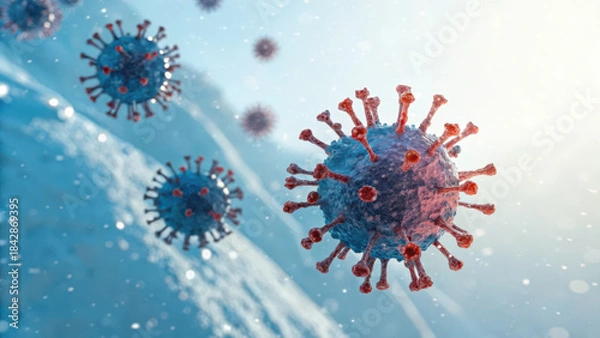 Obraz Airborne Virus Particles Concept. Colorful abstract virus like particles with crystalline structures floating blue environment, creating
