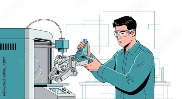 Obraz Illustration depicting a technician operating a 3D printer within a technologically advanced