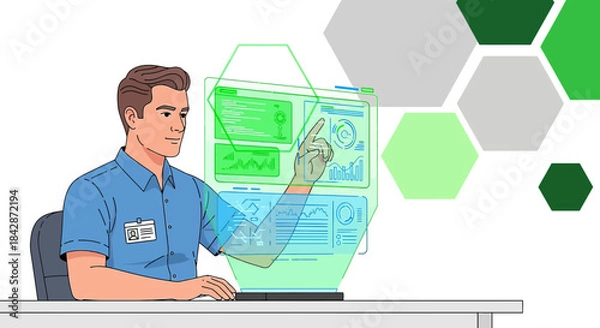 Obraz Illustration depicting a man interacting with a holographic interface for data analysis