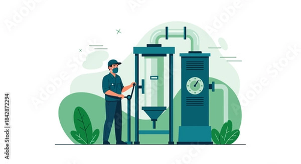Obraz Illustration featuring factory worker operating machinery in a processing plant system setting