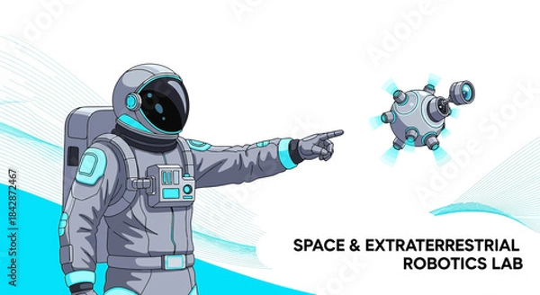 Obraz Illustration of a futuristic spaceman exploring deep space with an advanced robot helper