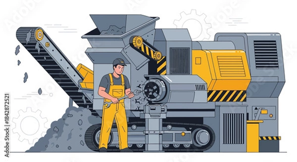 Obraz Illustration of a mechanic repairing a large industrial stone crusher machine with conveyor belt
