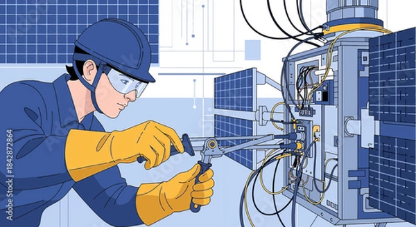Obraz Illustration of a technician working on a satellite panel with cabling and connections