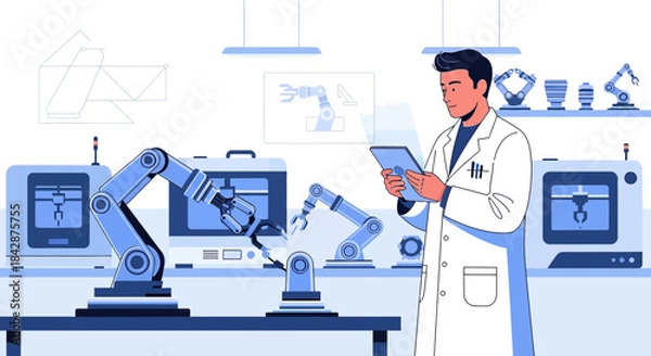 Obraz Innovation in automation, robotics engineer using tablet device overseeing robotic arms operation