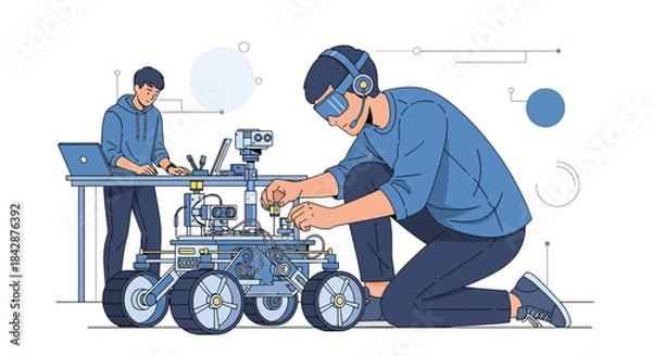 Obraz Innovative engineering team developing and assembling robotic rover prototype in laboratory