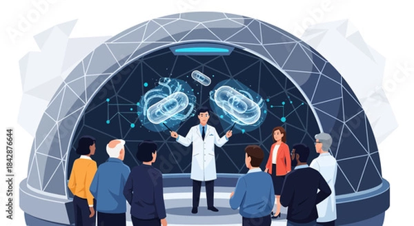 Obraz Innovative medical presentation showcasing advanced biotechnology to diverse audience in research