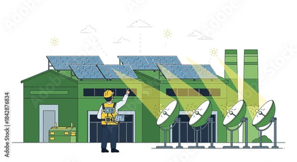 Obraz Innovative renewable energy factory with solar panels and parabolic dishes creating power