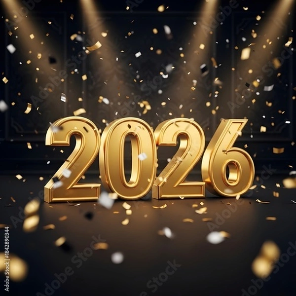 Fototapeta Golden 2026 numbers surrounded by falling confetti on a dark stage for new year celebrations