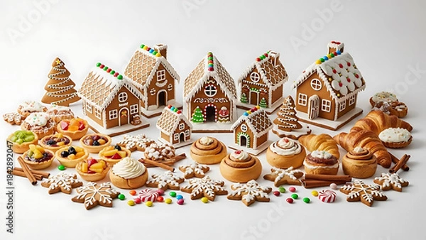 Fototapeta A festive display of gingerbread houses and assorted Christmas cookies arranged in a decorative holiday layout.
