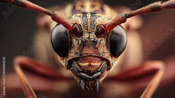 Fototapeta Macro Close-up Reveals Intricate Details of a Longhorn Beetle's Head