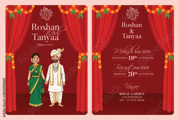 Obraz Traditional Royal Wedding Invitation card design with Bride and Groom Welcoming illustration	