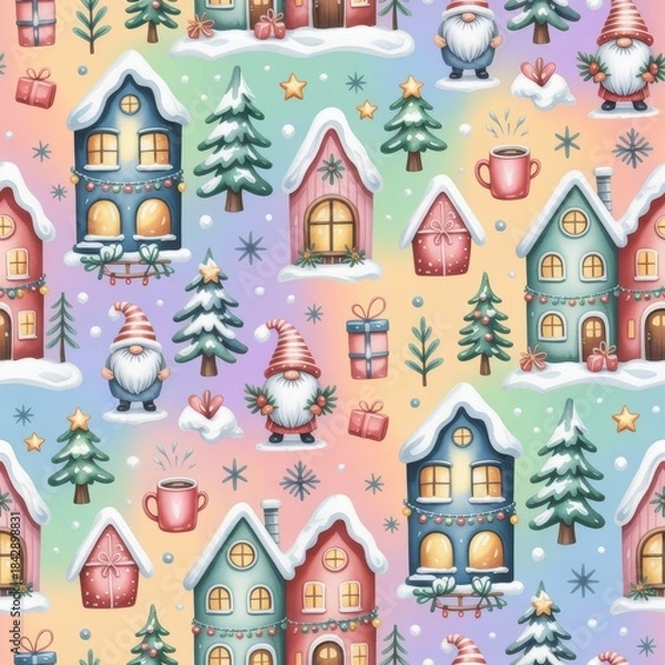 Obraz Seamless winter pattern showcasing gnome and tree characters, colorful holiday accents, and whimsical Christmas motif, suitable for branding assets and joyful celebration themes.
