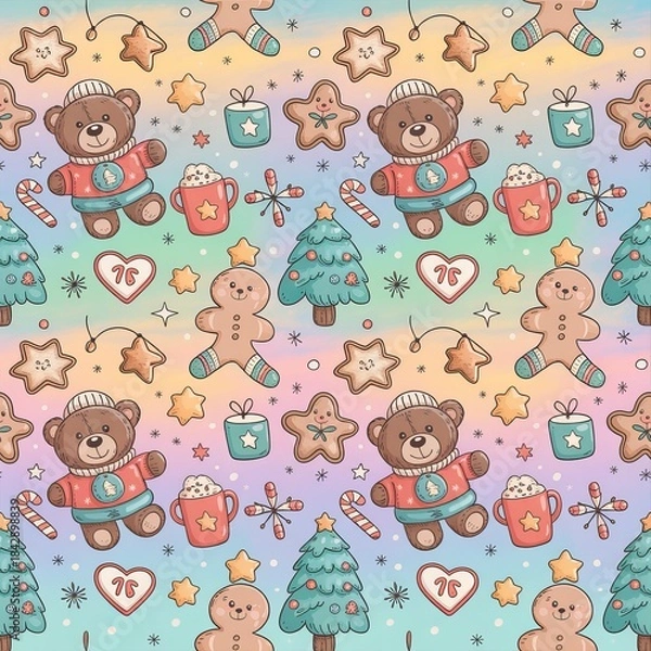 Obraz Seamless festive pattern featuring gingerbread men and candy canes, hot chocolate mugs, and light pastel backdrop, perfect for wrapping paper, textiles, and editorial holiday visuals.