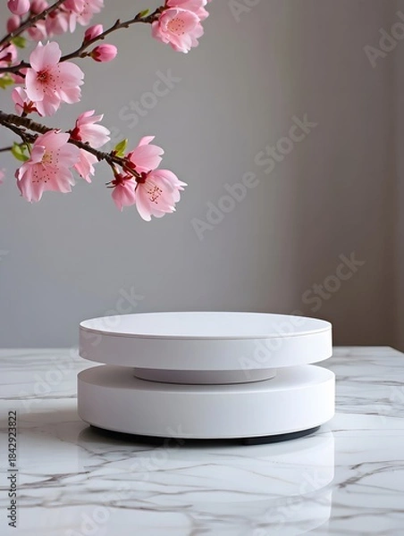 Obraz White display pedestal with cherry blossoms